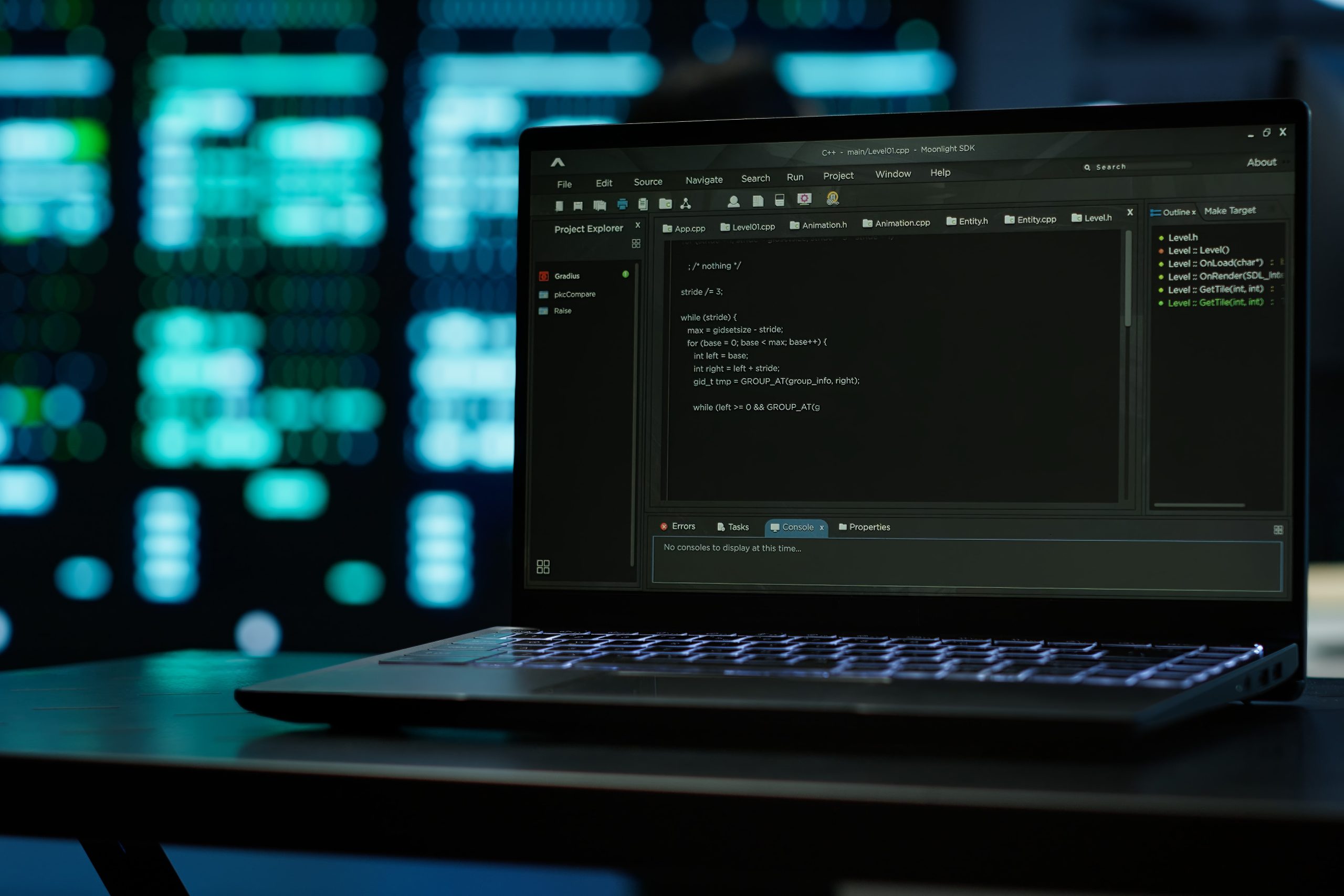 Close up of code running on laptop screen in data center