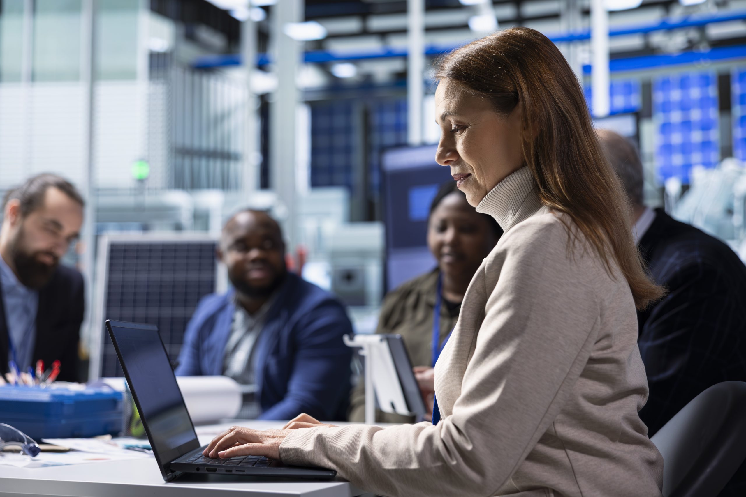 Photovoltaics factory management team analyzing data using laptop, reviewing system health metrics. Solar panels manufacturing plant executives troubleshooting technical issues using notebook
